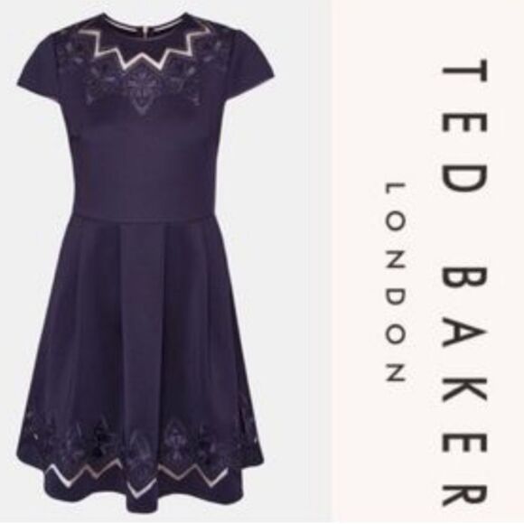 Ted Baker London Cheskka Navy Blue Lace and Mesh Skater Dress Ted Size 4 (US 10) - Picture 1 of 14